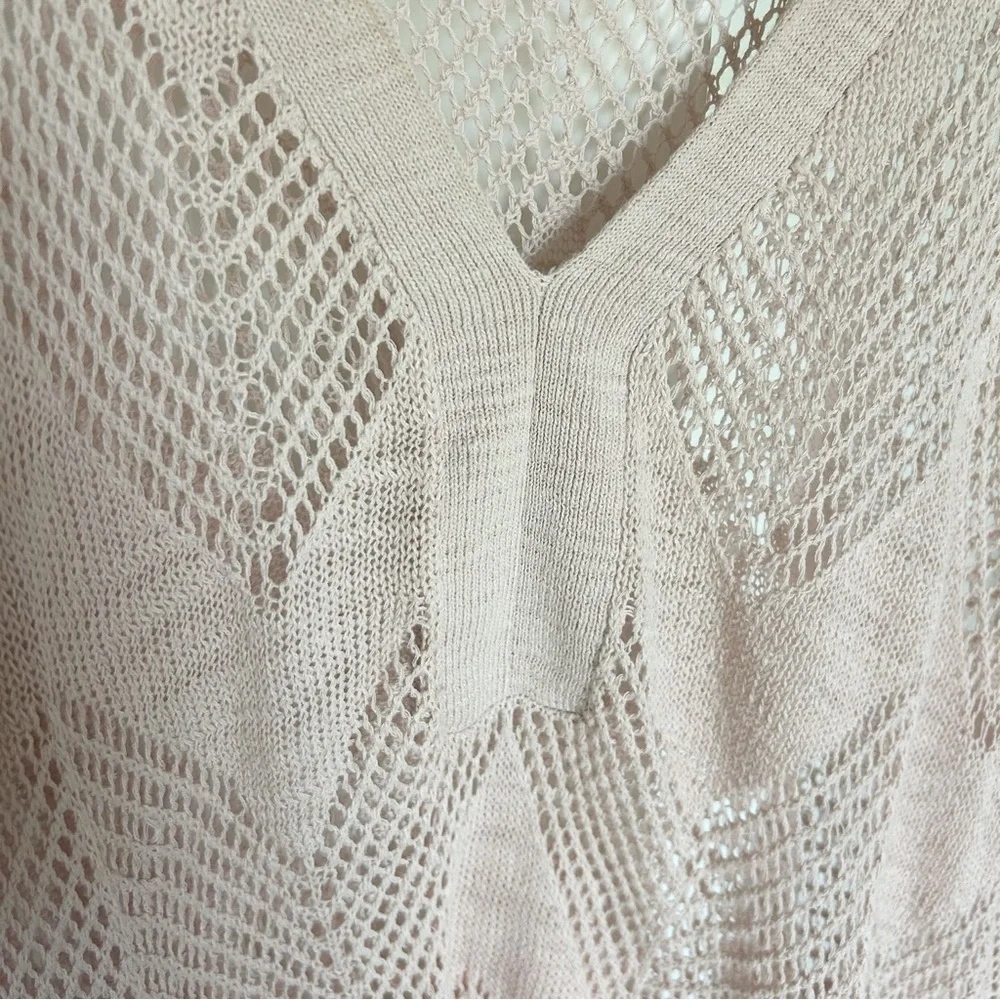 Trina Turk Crochet Open Knit Boxy Dolman Short Sleeve Soft Pink Sweater Size L